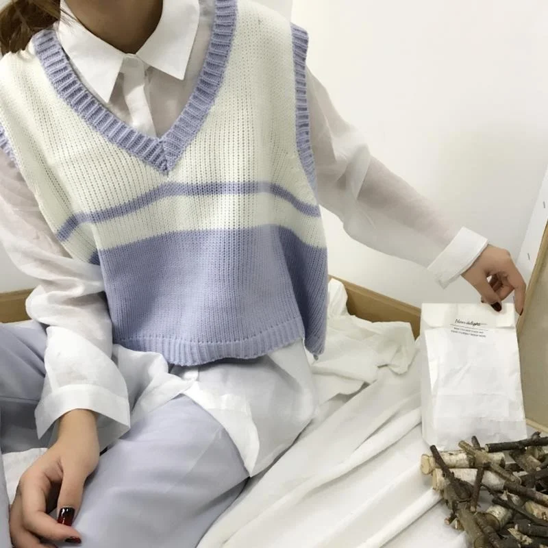 

Female Casual Sweater Vest Spring and Autumn Pullover Vest Women's V-neck Loose Striped Color All Match High Waist Wool Sweaters
