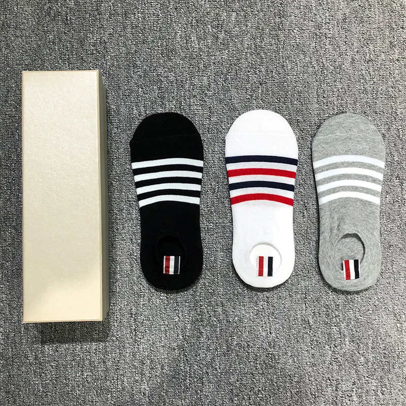 TB THOM Men's Socks Luxury Brand 4-bar Stripes No Show Socks Women's Cotton Street Fashion Wholesale TB Stockings Ins 6 Pairs