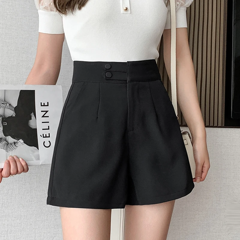 Nouvelle Mode Coréenne Solide Lâche Combinaison Short Femme Taille Haute Jambe Large Décontracté Pantalon Court Élégant Dames Poche Short Noir