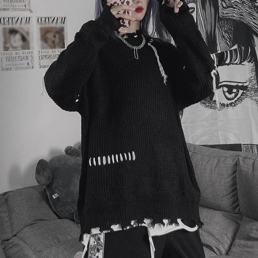 

Harajuku Gothic Sweater Fashion Autumn Winter Loose Lazy Hole Hip Hop Streetwear Round Neck Long Sleeve Knitting Wool Sweater