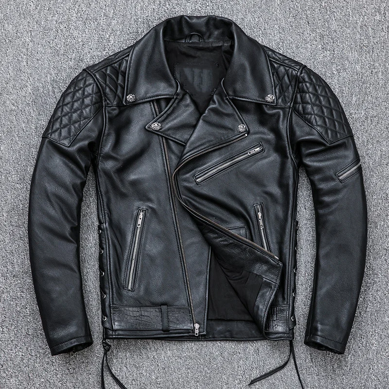 

2021 Black American Motorcycle Style Genuine Leather Jacket Men Plus Size 4XL Real Natural Thick Cowhide Spring Biker's Coat