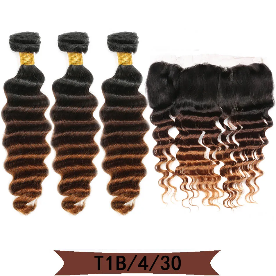 T1B/4/30 Код Calla Ombre цвет свободные глубокие пучки с 13*4 Кружева Фронтальная свободная часть закрытие бразильские необработанные девственные человеческие волосы пучки - Цвет: T1B/4/30