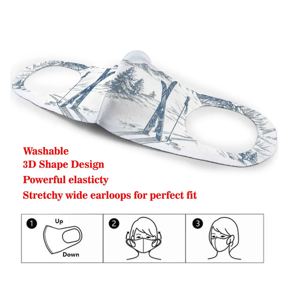 

Washable Earloop Mask 3D Winter Snow View Sketchy Cycling Anti Dust Mouth Face Care Respirator for Summer