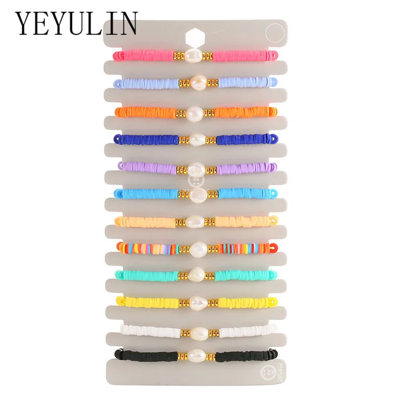12Pcs/Lot Colorful Soft Clay Disc Beaded Pearl Bracelet Set Boho Handmade Adjustable Braided Rope Bracelets For Women Jewelry
