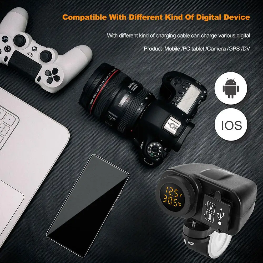 

Motorcycle Dual USB Charger Voltmeter Thermometer for Handlebar Mount Phone Charger Digital Display Waterproof