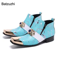 batzuzhi western handmade mens boots square metal toe genuine leather boots ankle zip rock botas hombreblue party wedding