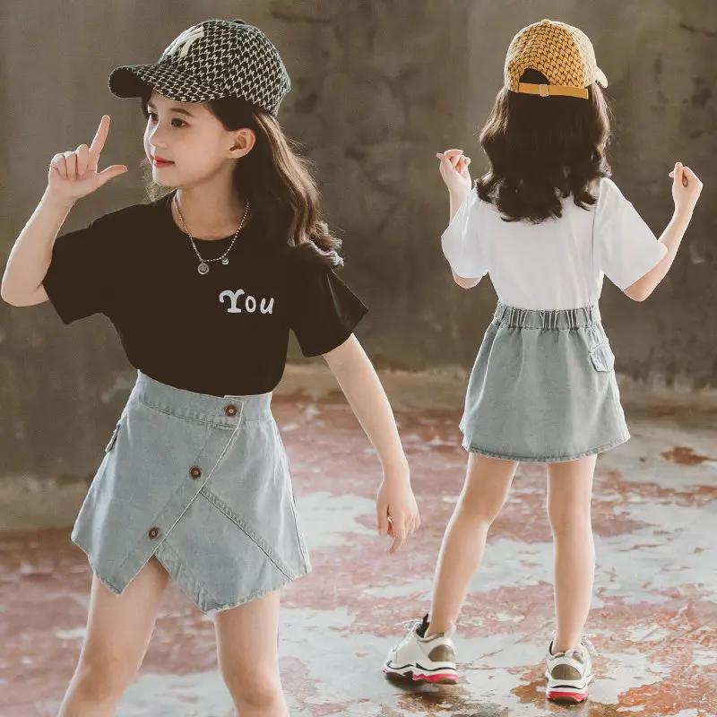 

Fashion 2PCS Girls Clothes Sets for Girls Summer Kids Casual Clothes 8 10 12 13 Years Teens Clothes Solid T Shirt + Denim Skirts