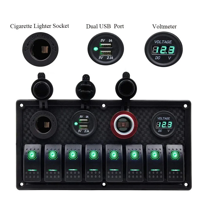 

8 Gang Rocker Switch Panel Control Car Marine Boat Circuit Breakers Panel Dual USB Charging Ports Cigarette Lighter Socket New