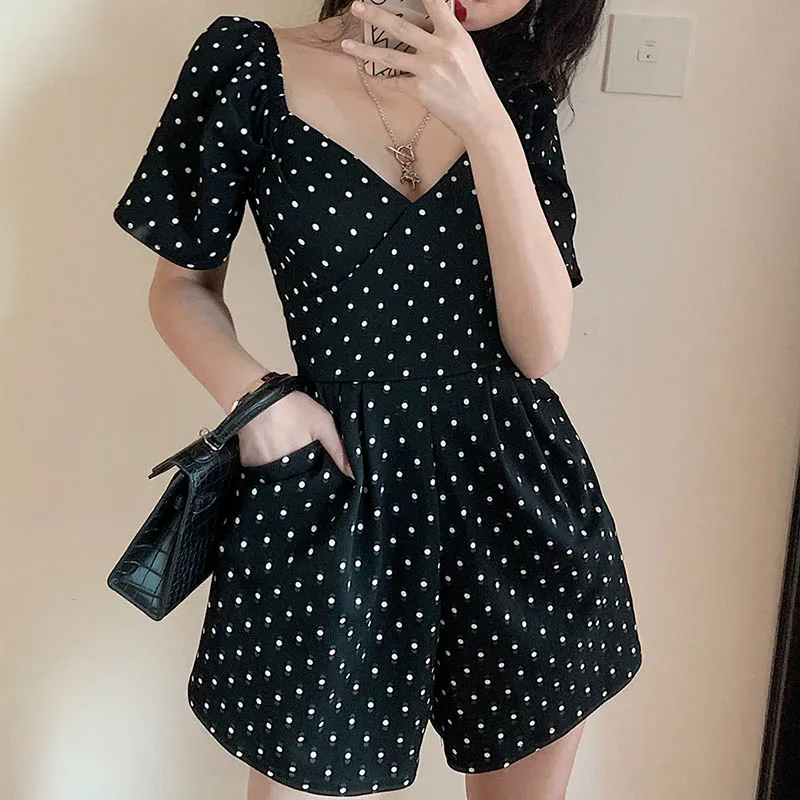 

Комбинезон женский с V-образным вырезом, пикантный облегающий ромпер с коротким рукавом, шорты с завышенной талией, комбинезон с широкими шт...