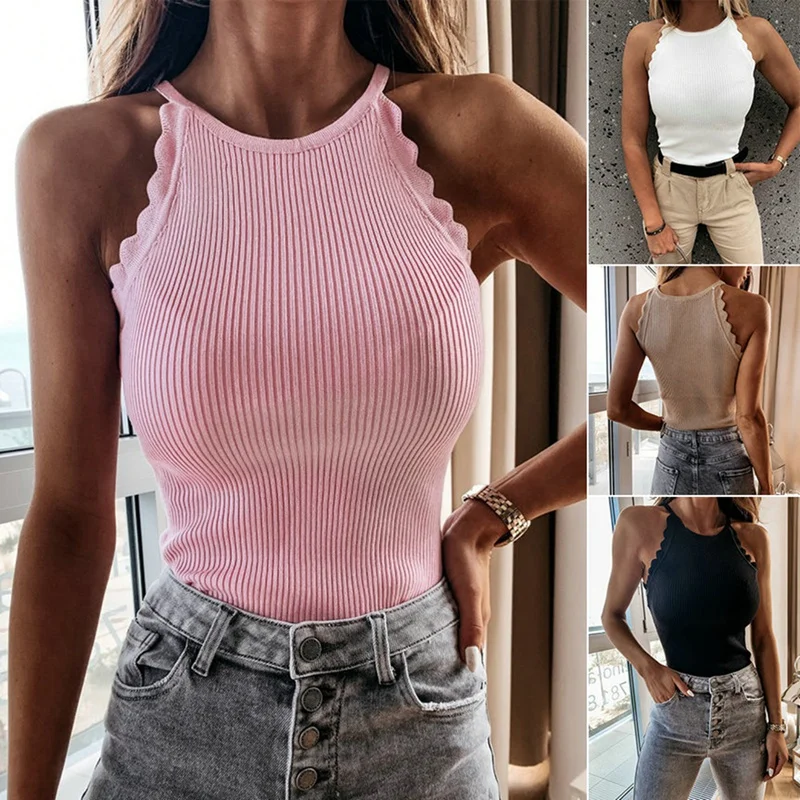 

Women's Summer Lace Solid Color Round Neck Slim Waist Sleeveless Vest Top