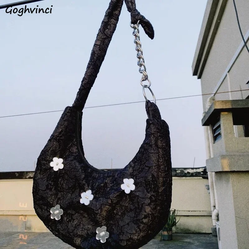 

Black Flower Jacquard Crossbody Bags Women Vintage Chain Large Capacity One-shoulder Hobos Bag Hipsters Designs Ulzzang Handbags