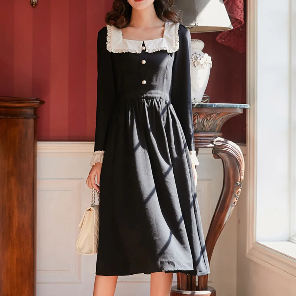 French Retro Lace Patchwork Square Collar Women Dress Summer Sexy Long Sleeve Midi Dresses Gothic Elegant Court Black Sundress | Женская