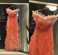 real pictures orange off the shoulder short sleeves heavy beads mermaid floor length women evening dress long formal party dress