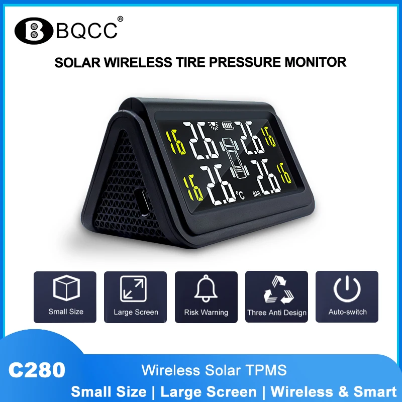 

Solar TPMS Tire Pressure Monitor LCD Screen Car Alarm External Sensors Monitoring System Tyre Pressure Sensor USB Charging