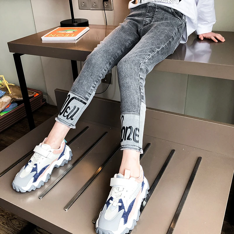 Облегающие детские брюки узкие джинсы джинсовые с надписью для девочек 3 4 5 6 7 8 9 10