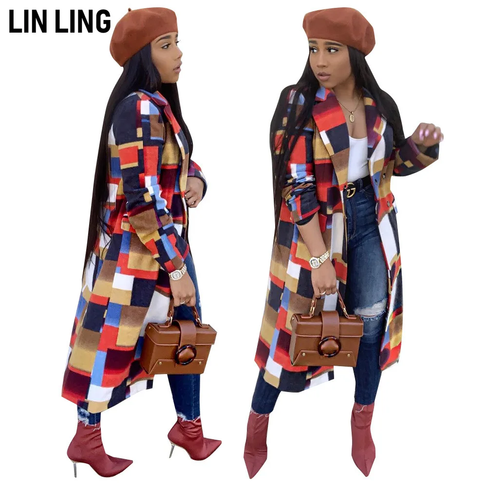 

Длинное модное однобортное твидовое пальто LINLING, в европейскую и американскую клетку классического цвета, с отложным воротником