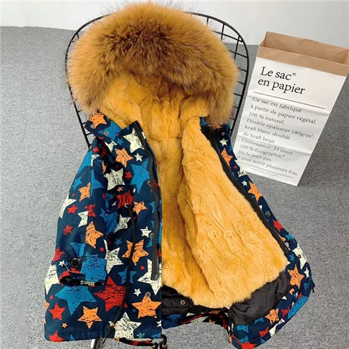 Star shell-yellow Детская парка с большим меховым воротником Настоящий мех кролика, зимняя детская шубка для мальчиков и девочек, съемная подкладка, цветные детские меховые парки - Цвет: Star shell-yellow