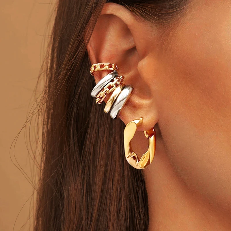 

Punk Rock Gold Color Clip Earrings No Piercing Trendy Link Chain Earcuffs Statement Cartilage Earrings for Women Party Jewelry
