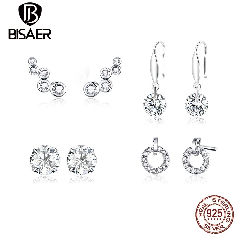 

BISAER Earrings Luxury 925 Sterling Silver Stud Earrings Bright Zircon Earring For Women CZ Original Fine Jewelry Gift GAE529