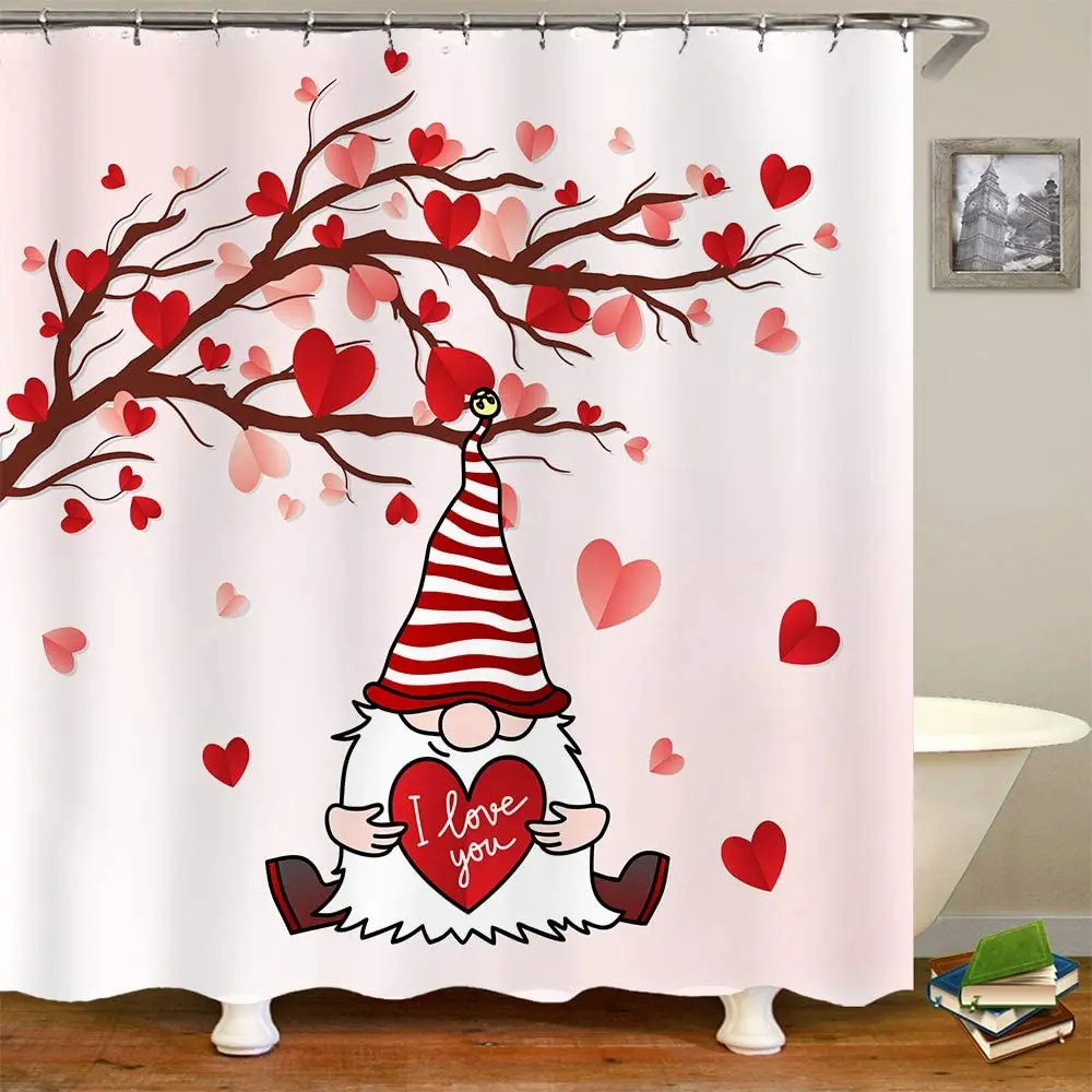 

Valentine's Day Bathroom Shower Curtain Tree and Gnome Holding Hearts on Watercolor Pink Spring Waterproof Polyester Bath Set