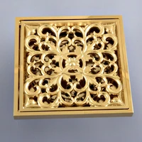 gold color brass carved flower pattern bathroom shower drain 4 square floor drain waste grates bathroom accessory mhr095