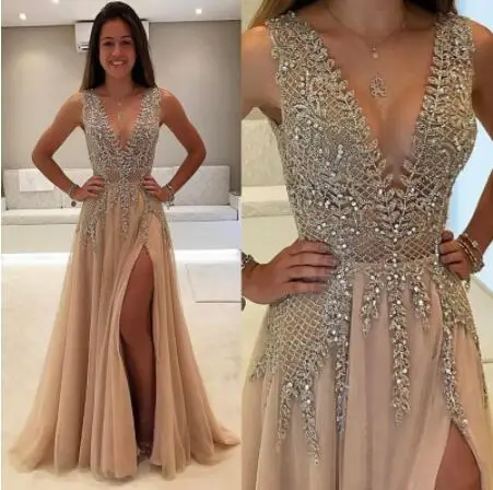 

Sexy A-line Prom Dresses With Deep V Neck Beadings Appliques Tulle Backless Cocktail Party Gown Floor-length Evening Dress