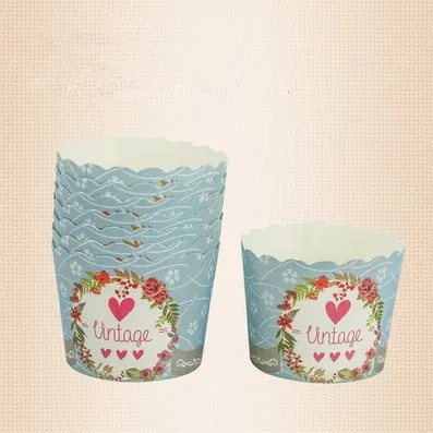 

Синий с цветочным рисунком в винтажном стиле маленькие бумажные держатель для кексов, формочки для кексов, декоративная чашка для вечерние на день рождения украшение для свадебного торта