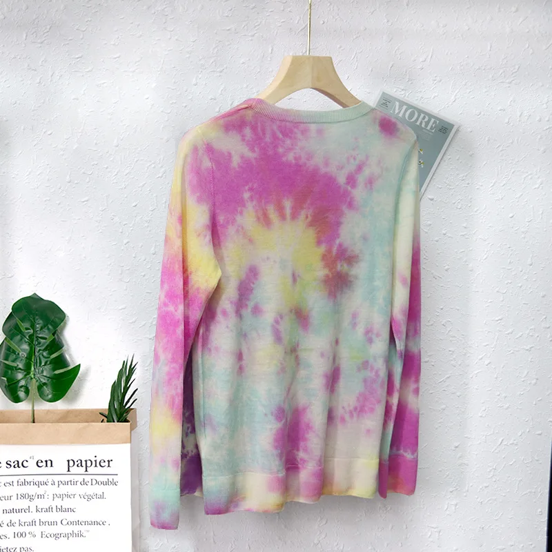 

Autumn New Fashion Knitted Tops High-stretch Tie-dye O-Neck Sweater Holiday Vacation Tops