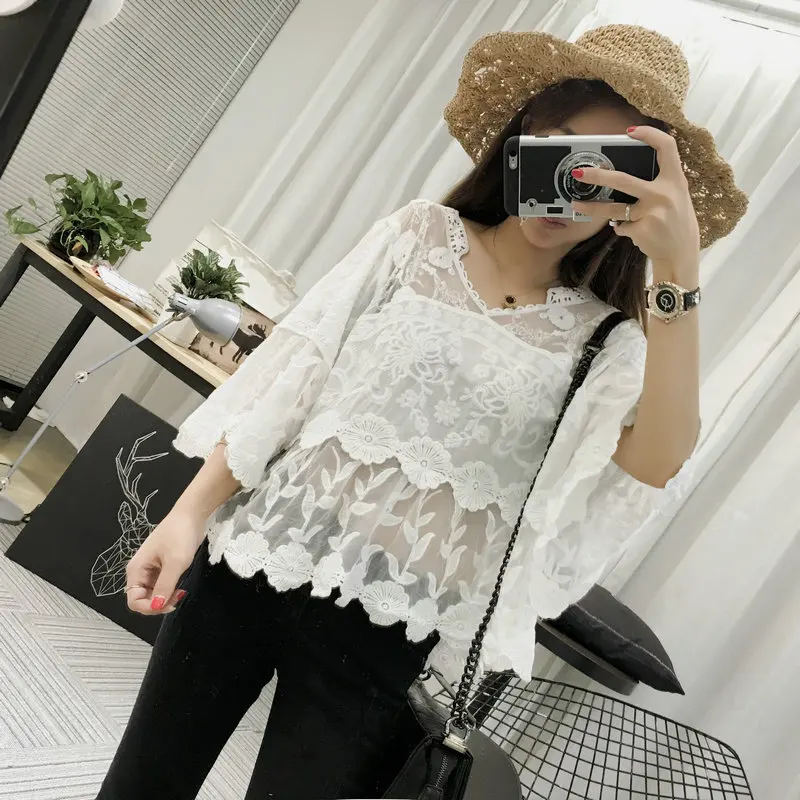 

Korean New Women Loose V Neck Horn Sleeve Hollow Out White Lace Shirts Womens Tops and Blouses Holiday Beach