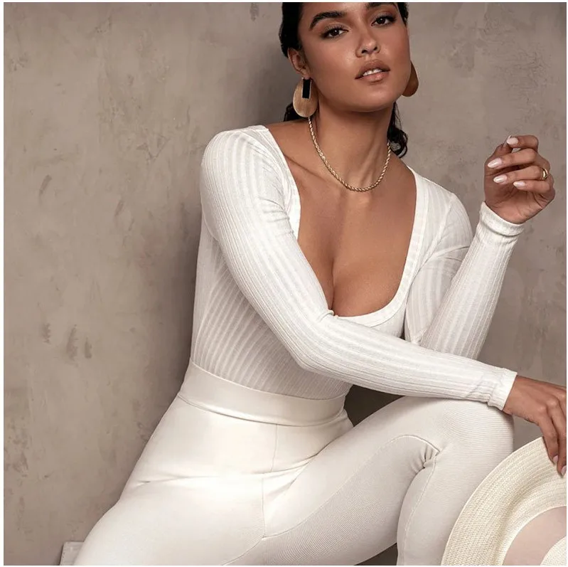 

Bodycon Women Body suit Long Sleeve Blouses Round Neck Autumn Winter Basic Tops Womens Casual Knitted Ribbed Female rompers