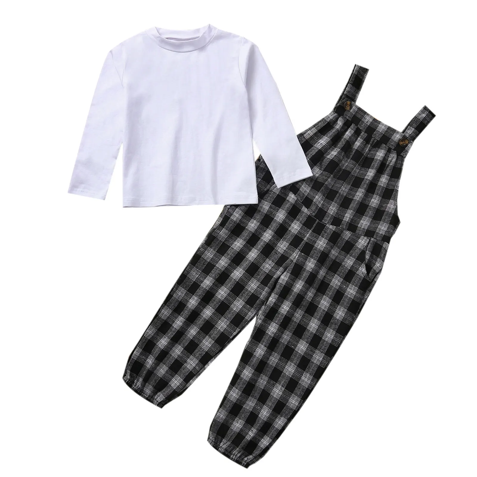 

Повседневный комплект одежды из двух предметов для маленьких девочек, однотонный пуловер и клетчатые брюки на подтяжках с принтом