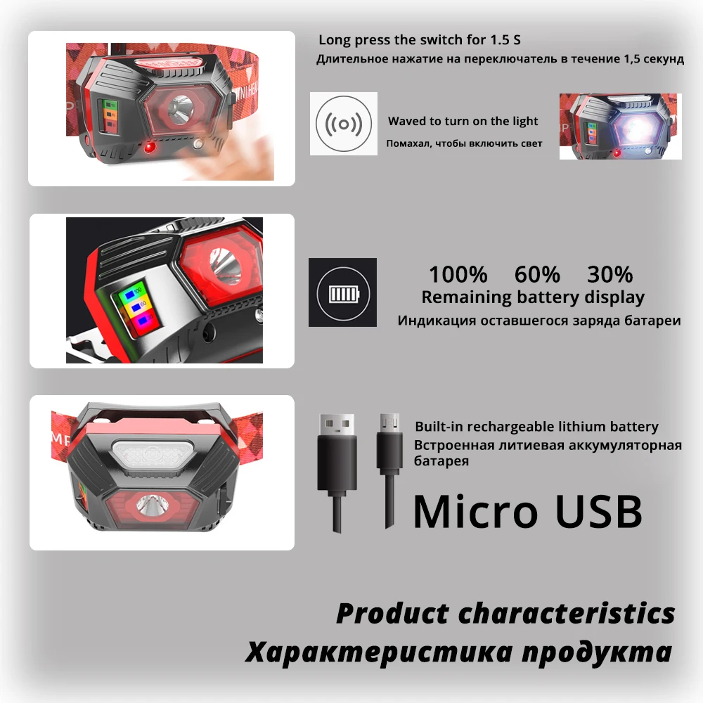 Светодиодный налобный фонарь с инфракрасным датчиком и дисплеем аккумулятора