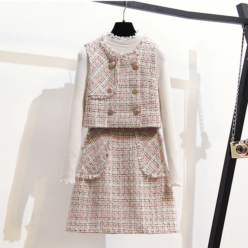 2 Pieces Set Г., осенне-зимний милый комплект одежды, комплект с юбкой для девочек, Женский клетчатый твидовый жилет с золотыми пуговицами комплект из топа и мини-юбки с высокой талией и карманами - Цвет: 2 Pieces Set