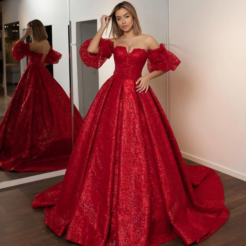 Элегантное Красное Бальное Платье, вечерние платья с открытыми плечами, милое блестящее длинное платье с аппликацией из бисера, бальное пла...