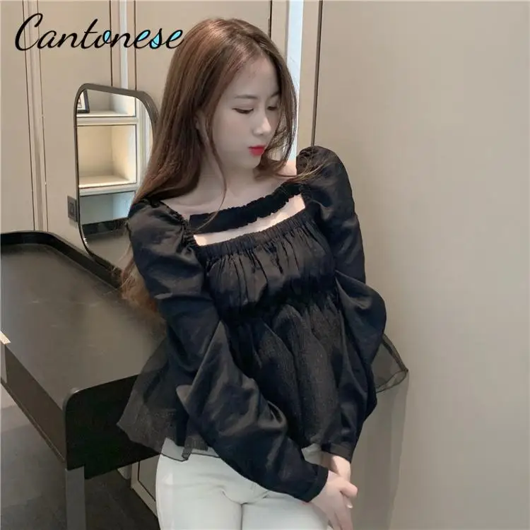 

French Retro Niche Design Sense Mesh Stitching Sexy Clavicle Long Sleeve Shirt