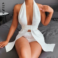 summer elegant women short set deep v halter backless vest mini shorts set sexy solid white casual fashion matching sets
