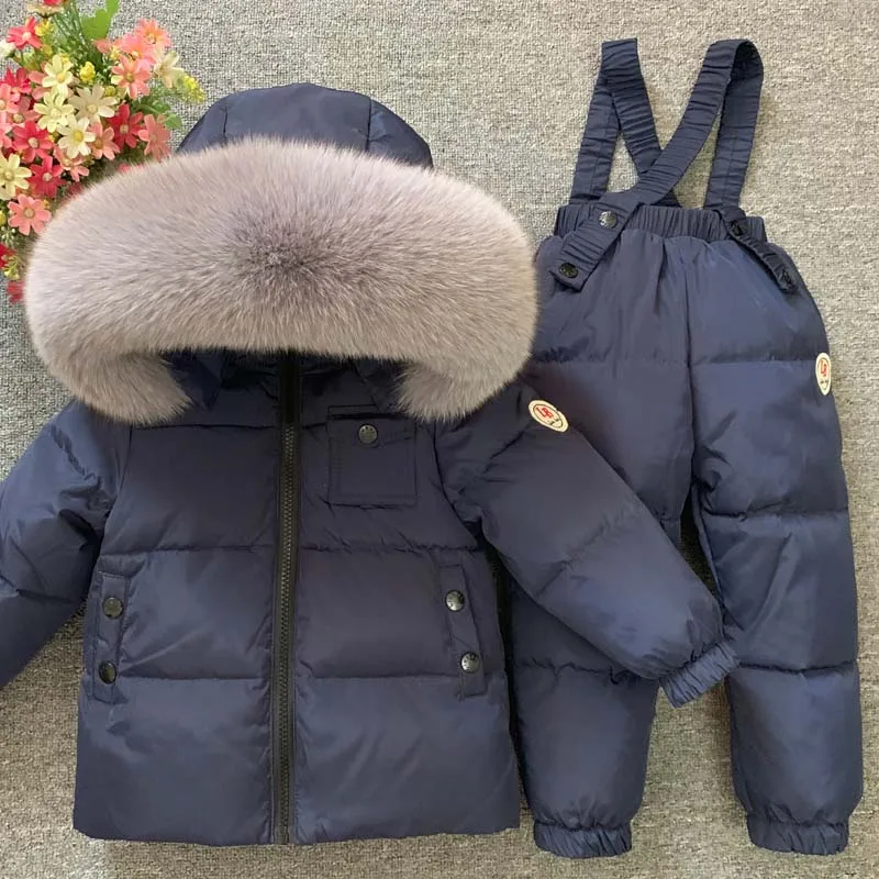 

2019 Russian Winter Children Clothing Sets Boy Girls Down Real Fur Hood Coat + Down Pants Children's Snowsuit Outdoor Ski Suit