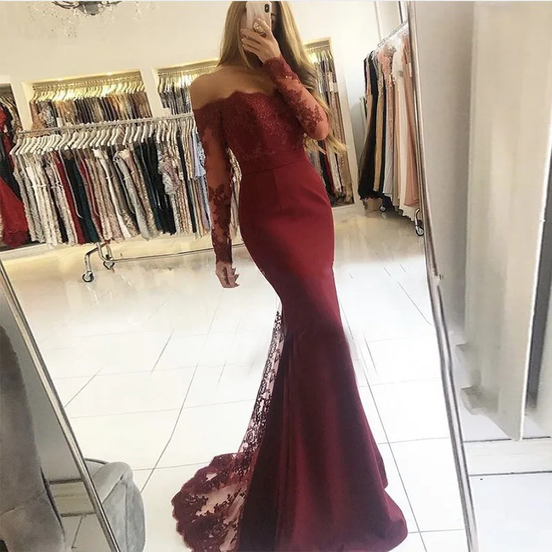 

2020 Mermaid Evening Dresses Off Shoulder Sweep Train Long Sleeve Lace Appliques Backless Formal Prom Gowns Long robe de soiree