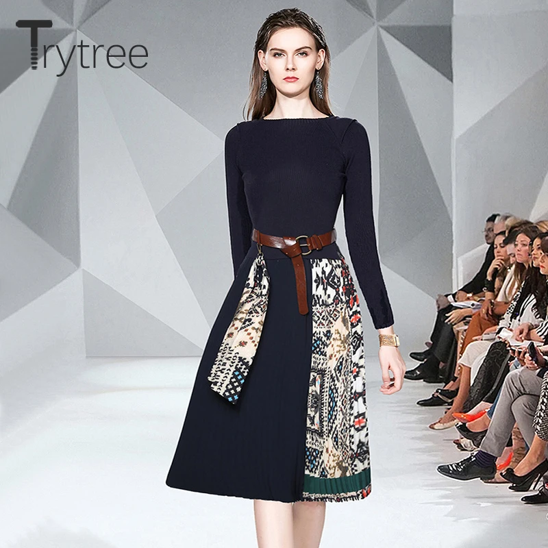 Осеннее женское Повседневное платье Trytree с круглым вырезом вязаное Модное