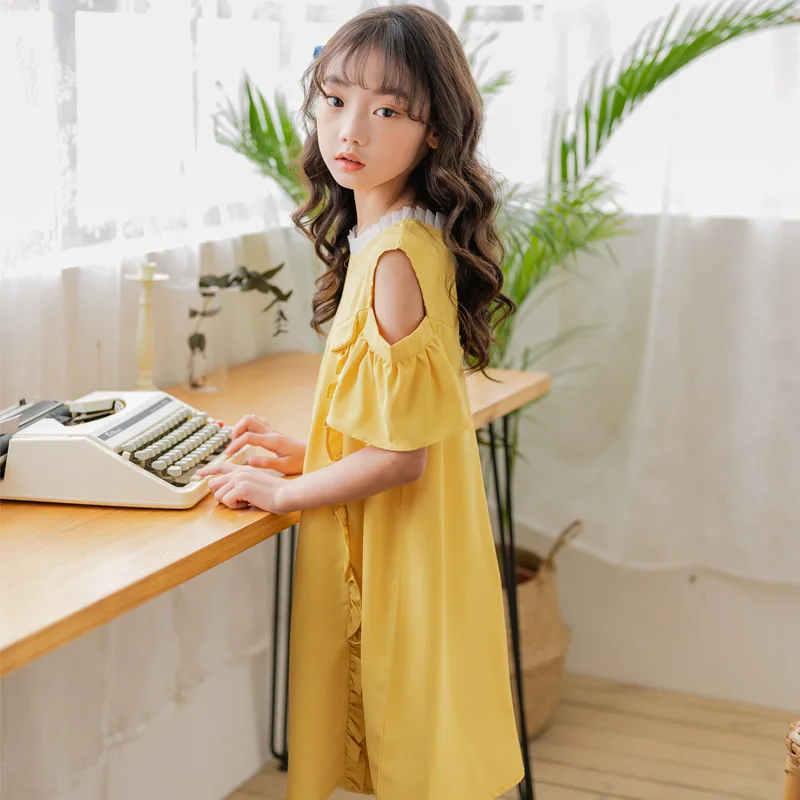 Летнее шифоновое платье с оборками для девочек 10-12 лет принцессы открытыми