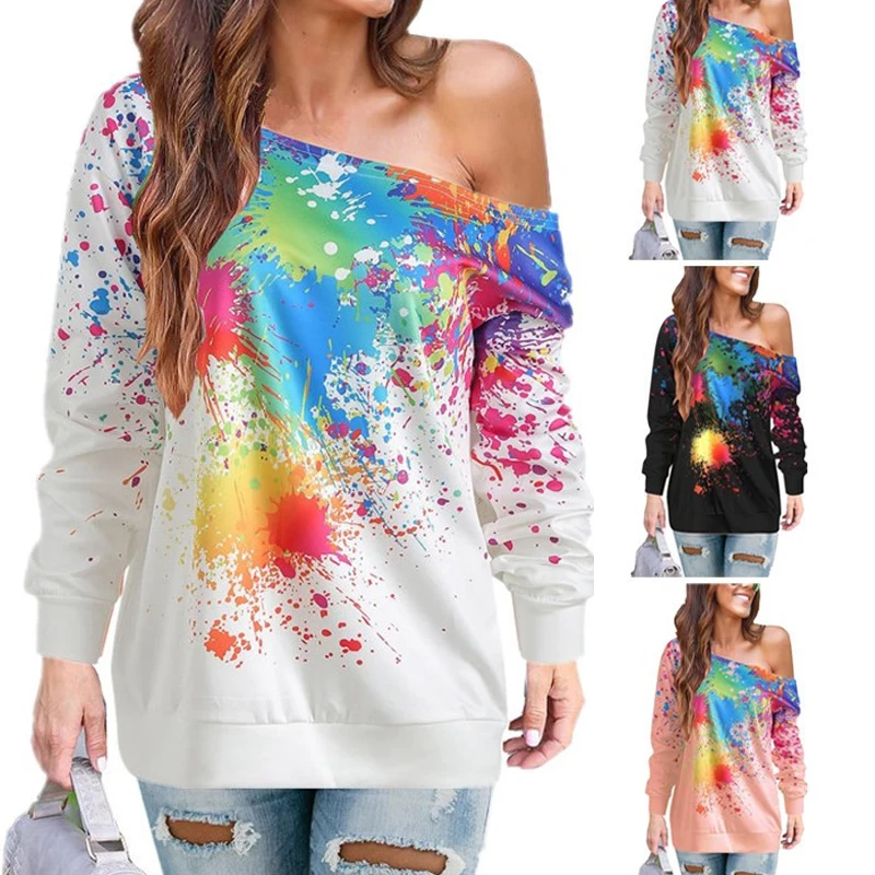 

Paint Splatter Hoodie One Shoulder Sexy Long Sleeve Splash Sweatshirt Women Streetwear Polerones 2021 Harajuku Punk Rock Hoodie