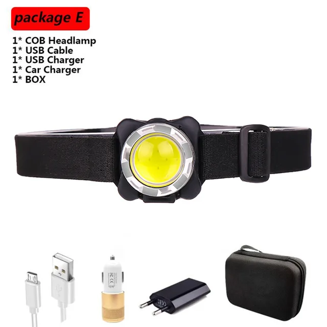 Package E Brightest Headlamp USB Headlight COB LED Head Lamp Rechargeable Head Light Waterproof with Built-in Battery White Red Lighting - Испускаемый цвет: Package E