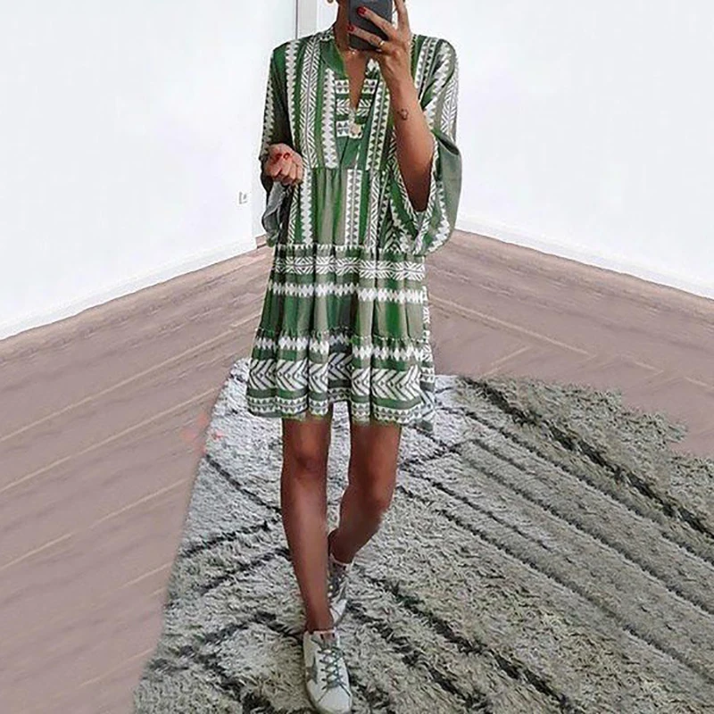2019 Boho Платье женское повседневное v-образным вырезом с длинным рукавом