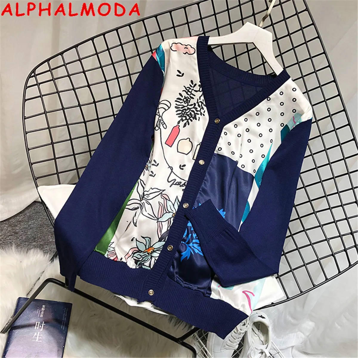 Женский атласный свитер ALPHALMODA вязаный лоскутный пуловер с V-образным вырезом и
