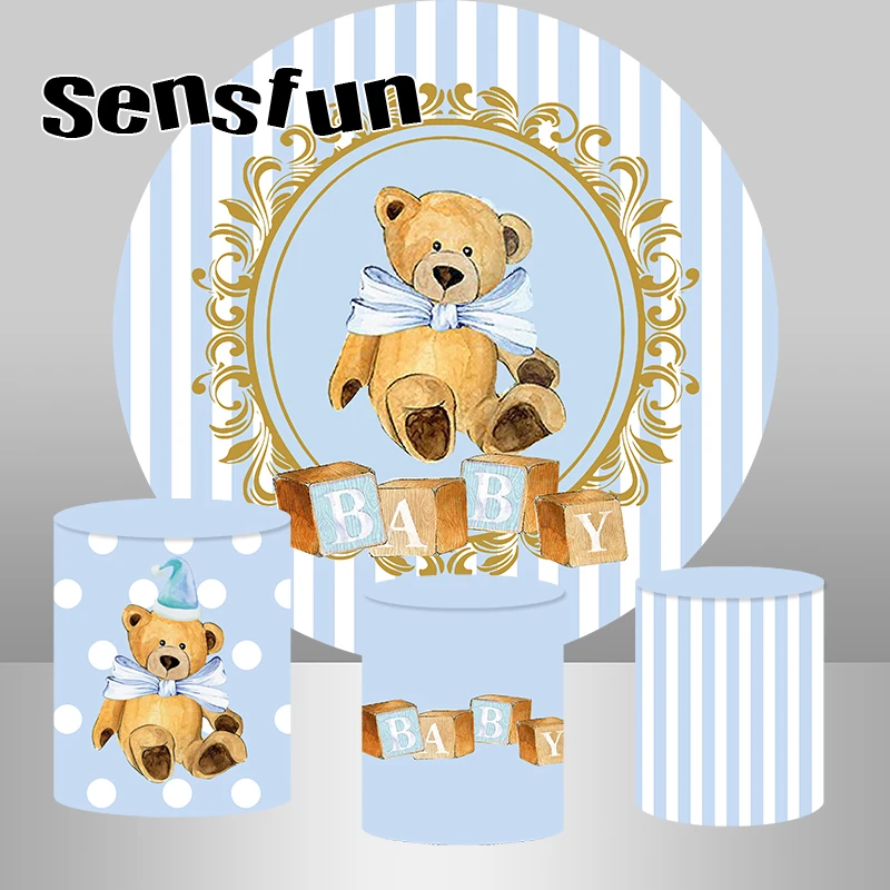 Sensfun Cute Bear Theme Round Backdrop Cover Boys Newborn Baby Shower 1st Birthday Party Circle Background Cylinder Covers