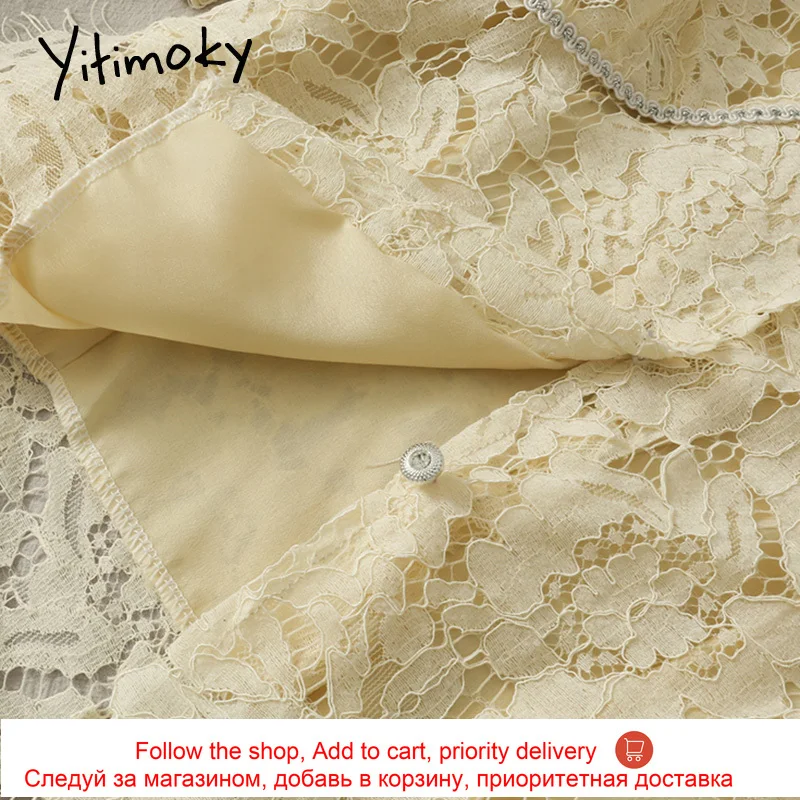 

Yitimoky Button Up Hollow Out Blouses Women Long Sleeve Tassel Shirts V-Neck Soild White Tops 2021 Summer New Single Breasted