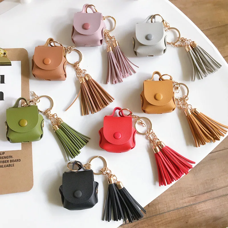 

Tassels Leather Bag AirPods 1 2 Case, Portable Protective Shockproof Cover With Carabiner Women Girl Support Wireless Charging