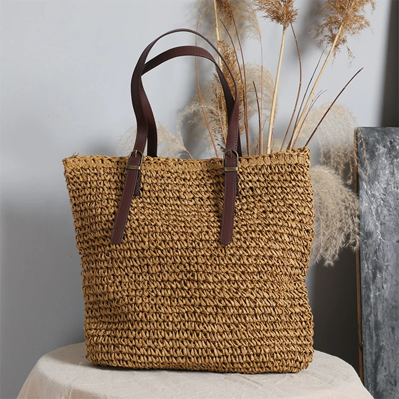 

Summer Woven Straw Totes Beach Bag Hit Color Bohemia Handbags for Women 2021 Vacation Rattan Bag Large Capacity Shoulder Bag