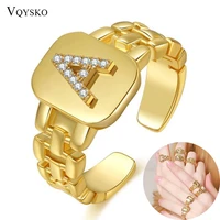 2021 new ladies hiphop adjustable aaa zircon a z letter ring watchband square statement gold initial jewelry rings for women