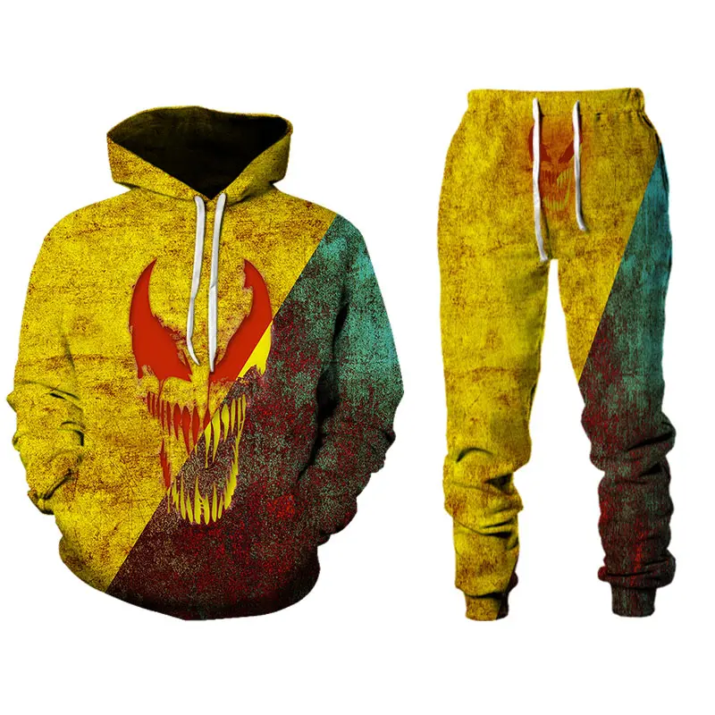 

3D Printing Hoodie Sweater Suit Venom Harajuku Sportswear Trousers Two-Piece Oversized Top Coat Running Workout Clothes